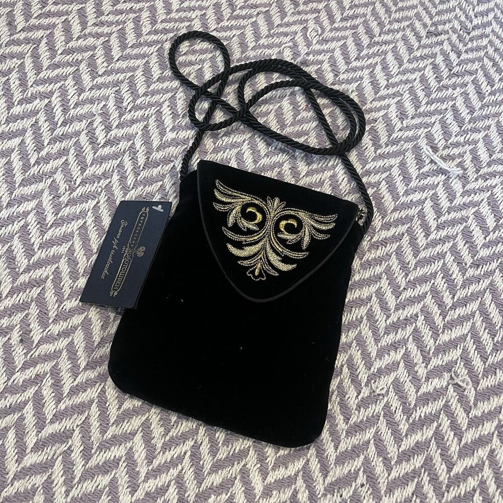Vintage Russian Black Velvet Gold Embroidered Evening Bag Torzhok Zolotoshvei